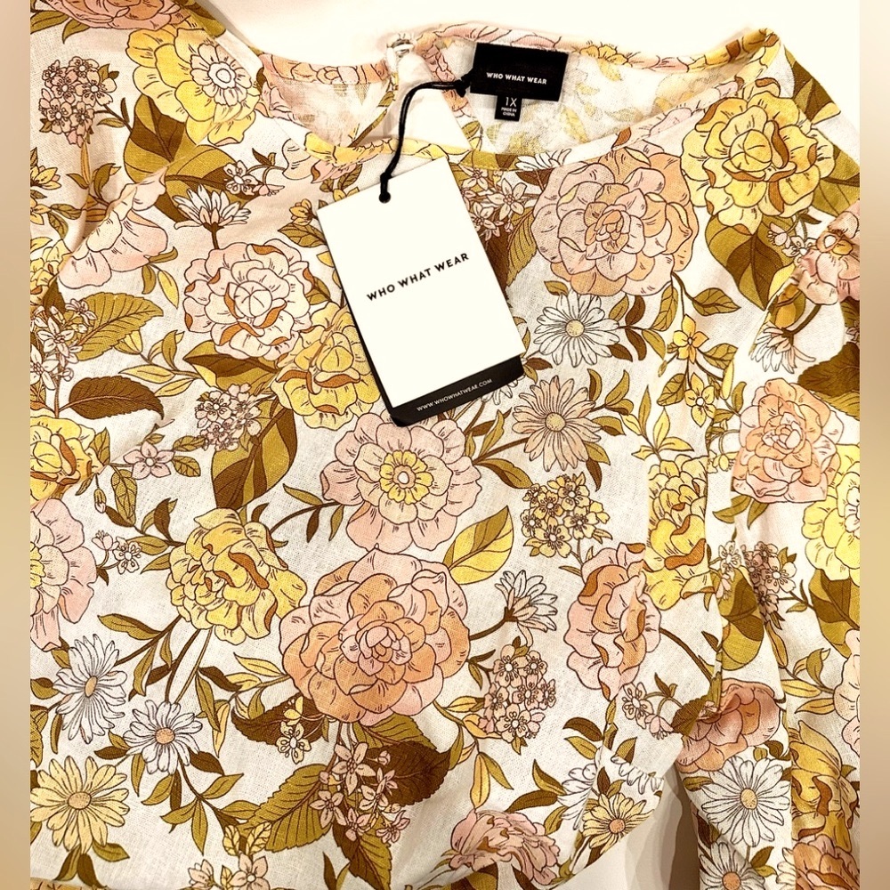 Last One Linen Floral Print Tie Back Midi Dress With Puff Sleeves & Side Pockets - Picture 5 of 11